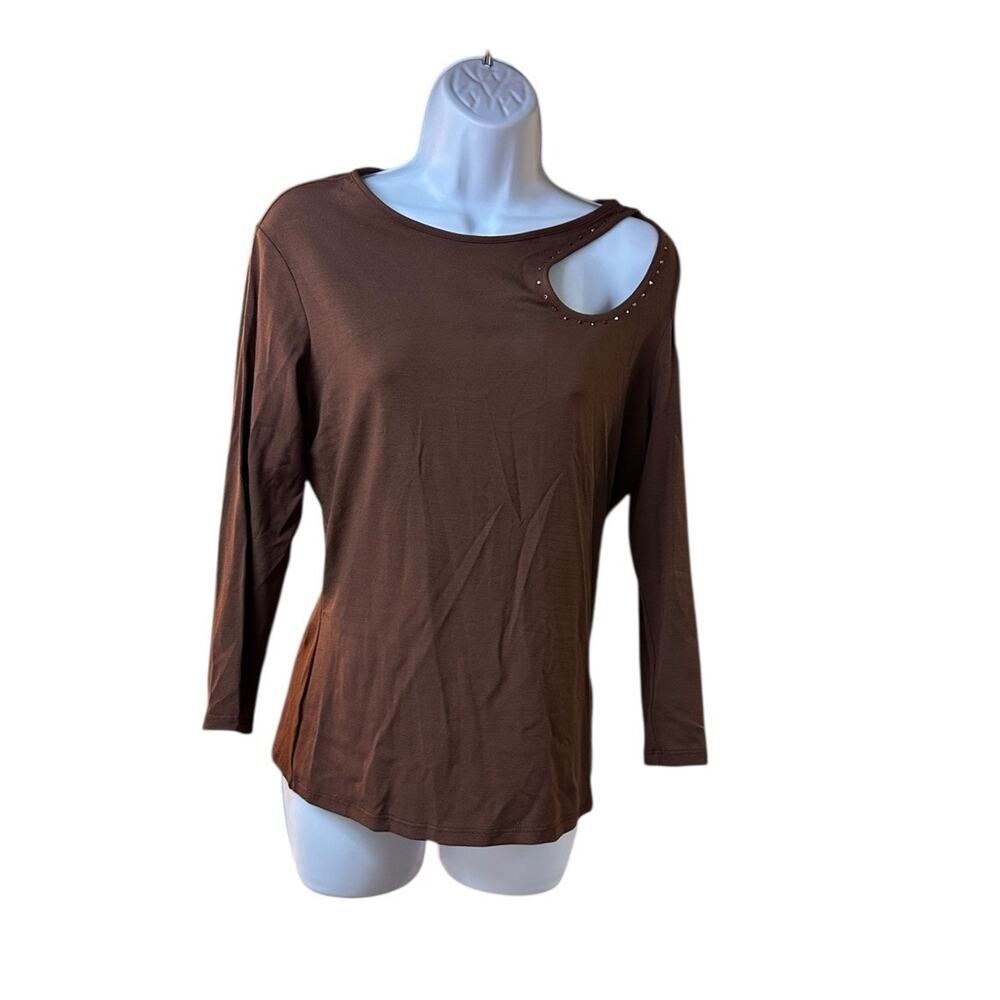 Cache Brown Cut Out Shoulder Top Asymmetrical Studded Neckline Long Sleeve Y2K L